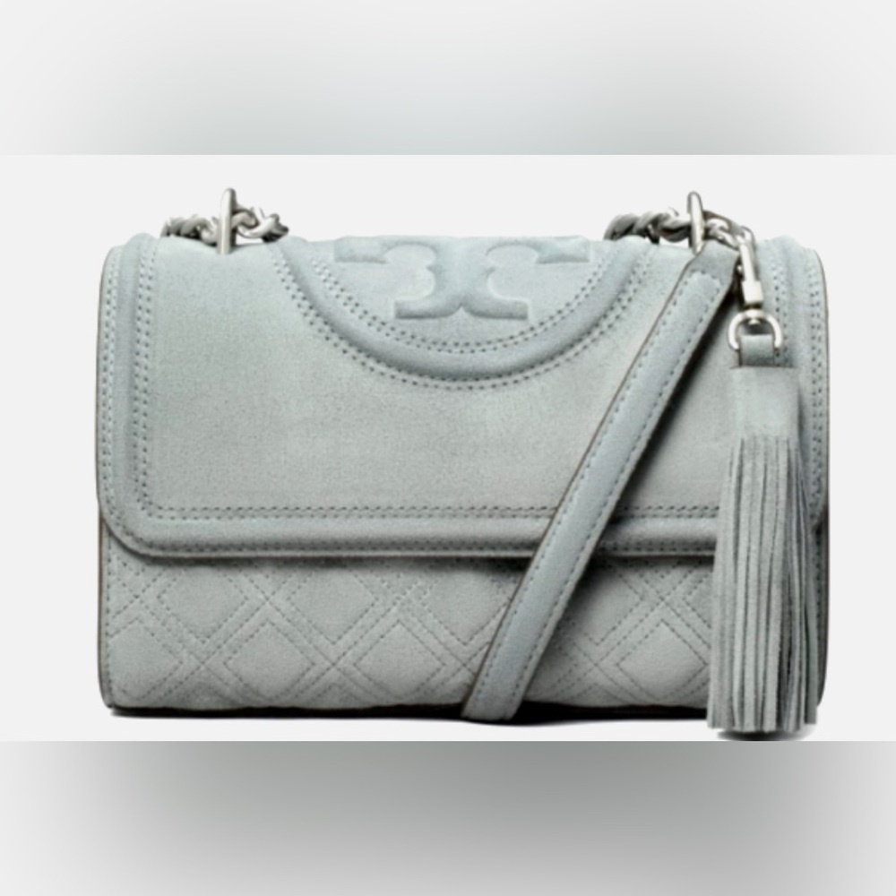 Tory Burch Light Blue Suede Quilted Crossbody with Tassel